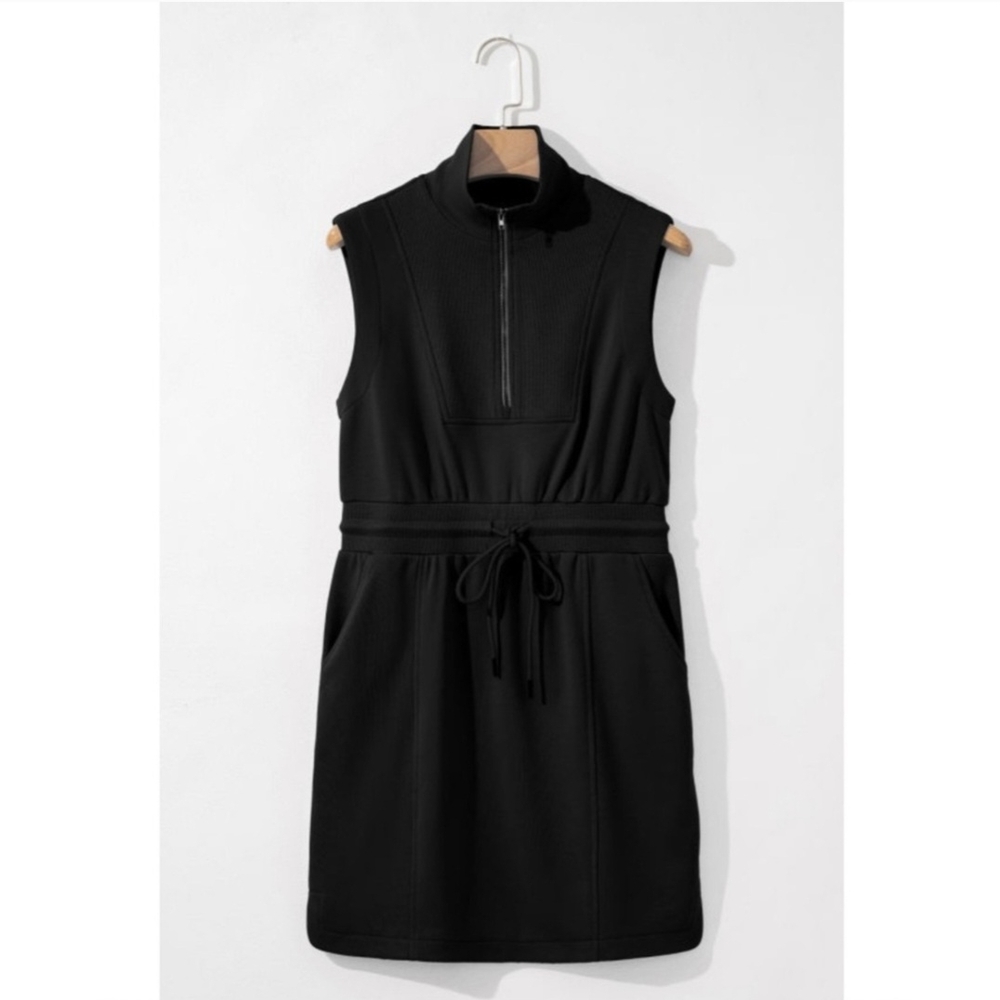 Casual Black Zipped Polo Collar Drawstring Mini Dress - Picture 4 of 10